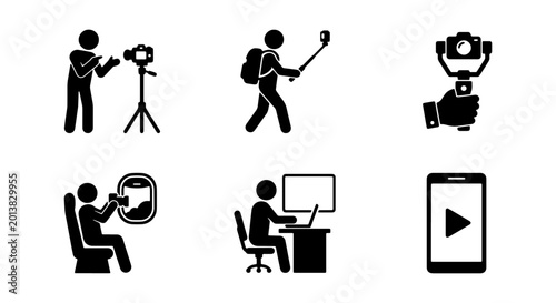 Stick Figure Icon Set: Photography, Travel Vlogging, Mobile Content Creation, and Remote Work Concepts