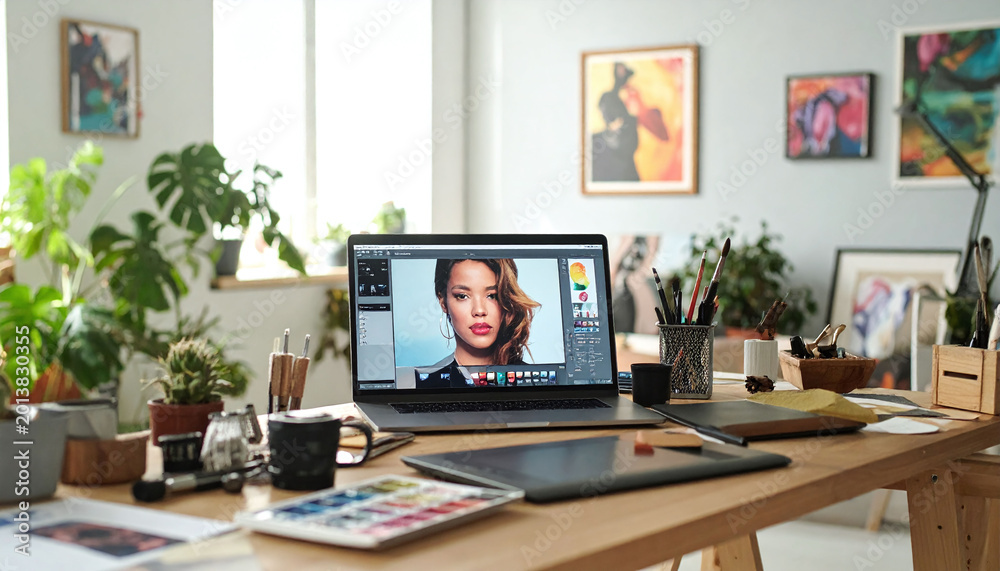 Fototapeta premium Professional digital art and photo editing in a bright studio. A laptop displays a portrait beside a graphic tablet and brushes, ideal for creative work, design, and media themes.