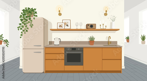 Photos Modern kitchen interior with orange cabinets, refrigerator, and shelf