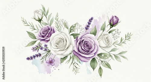 Watercolor Purple and White Rose Bouquet with Lavender