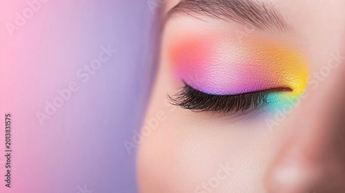 eye makeup rainbow Spectrum of rainbow colors painted on eyelids, transitioning smoothly from red to violet, creative makeup design