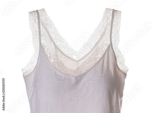 Fényképezés Isolated elegant light pink sleeveless camisole top with delicate white lace tri
