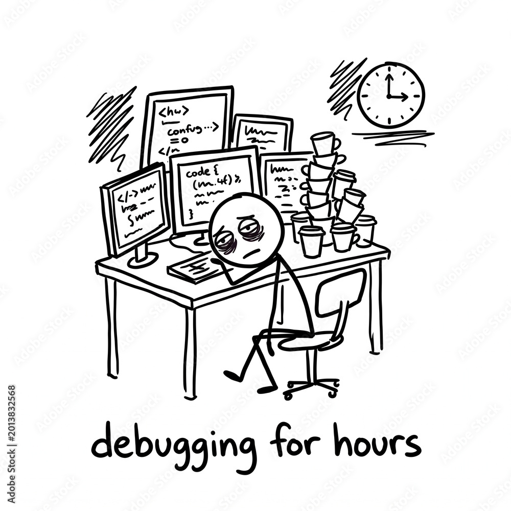 Obraz premium Exhausted stick figure programmer debugging late at night with coffee cups doodle