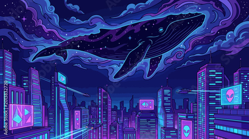 Photos Massive Cosmic Whale Hovering Over Futuristic Skyline Illustration