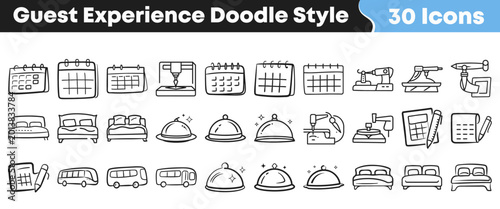 Collection of thirty guest experience icons in hand drawn style
