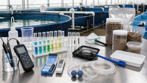 Laboratory setup for aquaculture research with equipment and materials during daytime at a fish farm facility