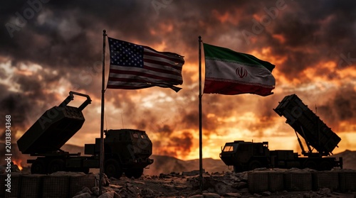 Tense military standoff between American and Iranian flags at sunset