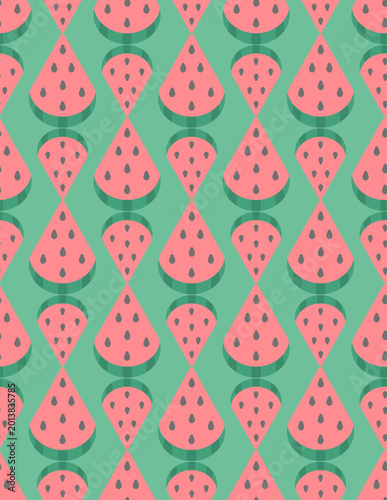 Watermelon slices of different sizes arranged in a geometric pattern, seamless vector pattern, outline on an isolated green background, endless juicy summer print, flat style