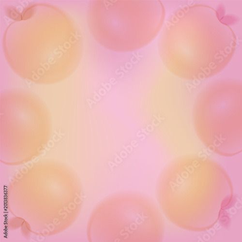 Pink whole peaches and leaves in a trendy soft blur style. Minimalistic vector templates for aesthetic seasonal design, flyers, covers, and social media.