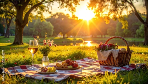 Picnic in the park with food wine and flowers during the golden hour