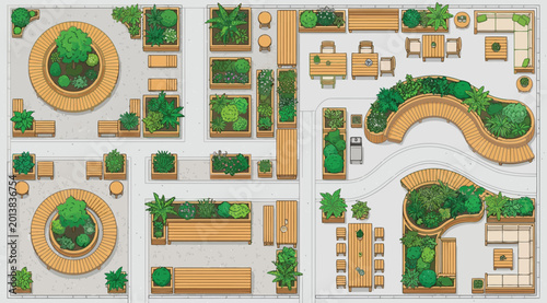 Bild auf Leinwand Top view of a modern urban park layout with wooden benches, planters, trees, and
