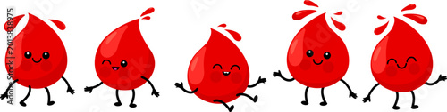 Cute cartoon blood drop characters. Children medical health blood donation concept. Blood drops with blood types, red common blood groups. Vector illustration