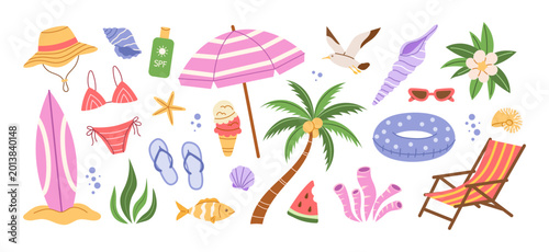 Schilderij op canvas Summer beach vacation set with seashell starfish palm tree surfboard umbrella bi