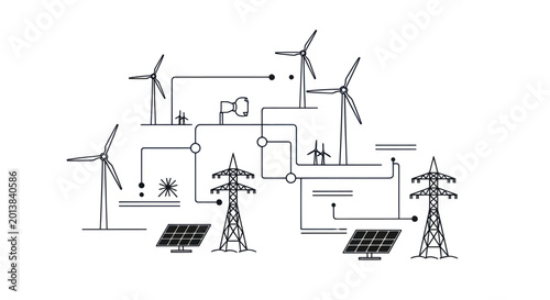 Illustration of a renewable energy network with wind turbines and solar panels.
