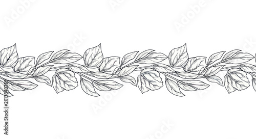 Seamless floral border pattern with hand drawn leaves and flowers