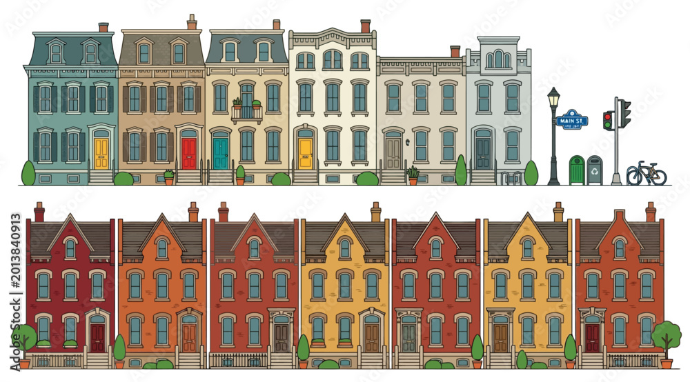Fototapeta premium Collection of various townhouse facades and street objects