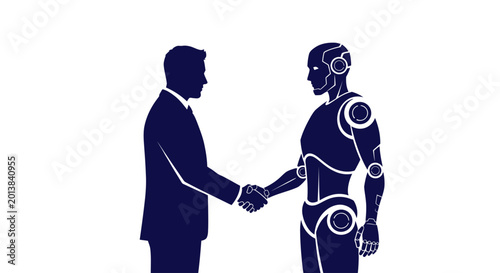 Silhouette of a businessman shaking hands with a humanoid robot for future partnership