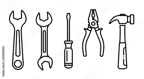 Outlined hand tools wrench screwdriver pliers and hammer in a row