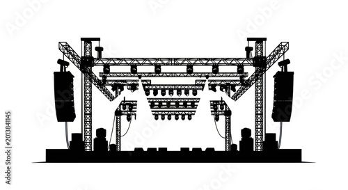 Silhouette of a concert stage with sound systems and lighting.