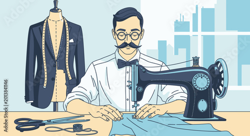 Tailor working with sewing machine in a workshop with suit mannequin