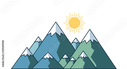 Stylized mountain range with a bright sun illustration against a clean white background