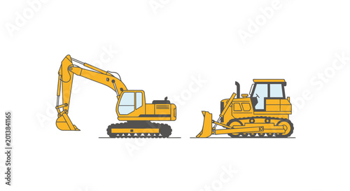 Yellow construction equipment illustration excavator and bulldozer on white