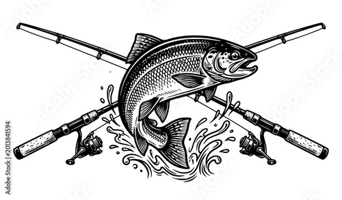 Obraz na płótnie Black and white trout fish with crossed fishing rods vector illustration for out
