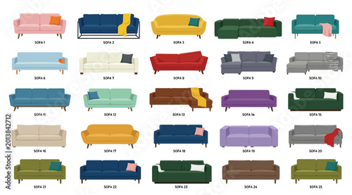 Obraz na płótnie Collection of various modern sofa designs in different colors and styles