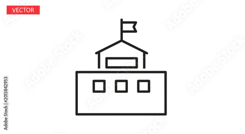 Simple outlined building with flag vector illustration on white background
