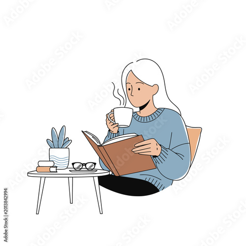 Woman reading book drinking coffee illustration isolated on white background