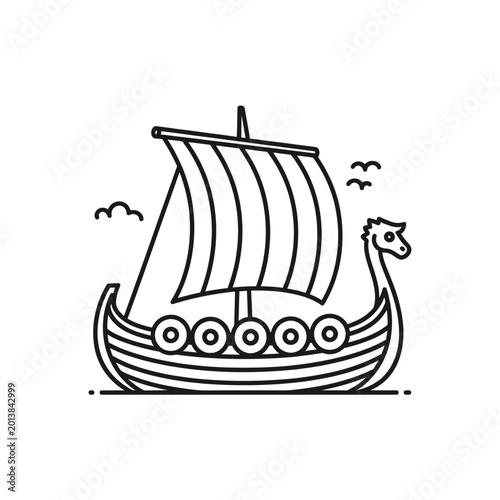 Viking ship illustration minimalist vector graphic of a longboat on white