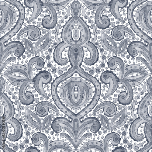 An abstract watercolor damask pattern with intricately curved brush strokes.