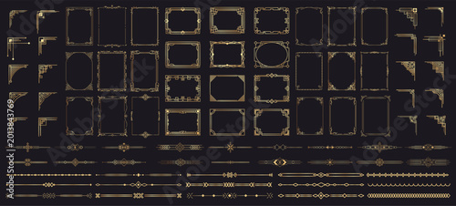 Tableau sur toile Golden frame border set with filigree corners and linear flourishes on black background