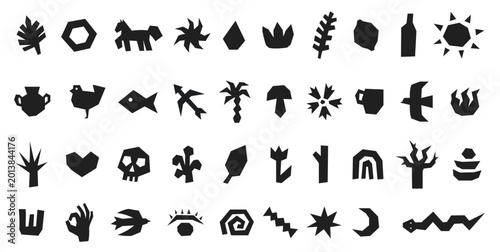 Abstract linocut geometric symbols set, primitive folk icons, black cutout shapes. Logo, branding, packaging, poster, textile, tattoo, app design. Vector illustration.