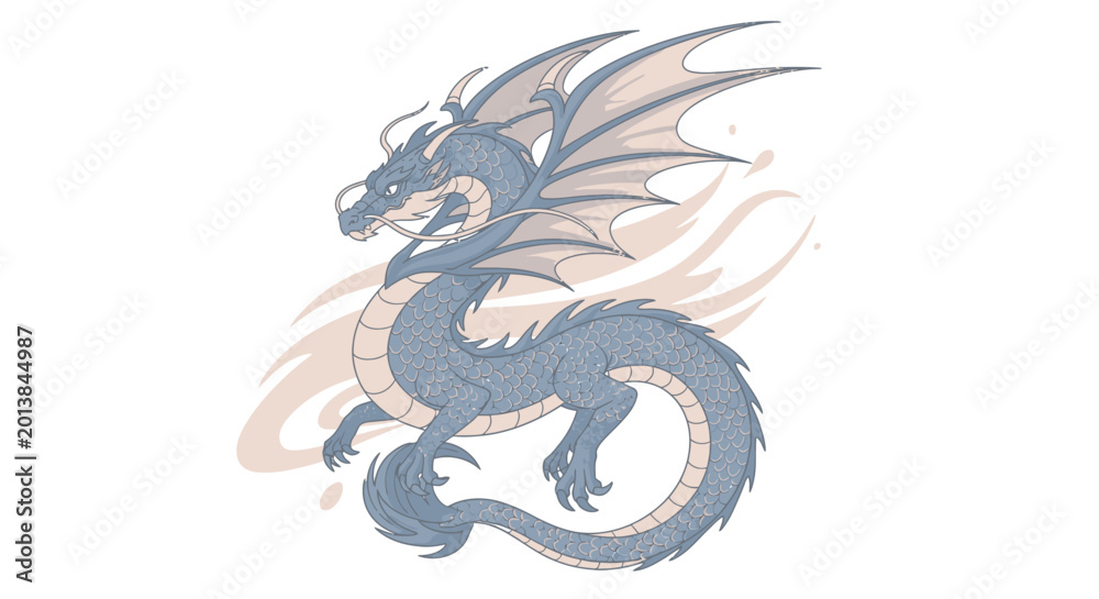 Fototapeta premium Fantasy dragon illustration flying with wings on a white background