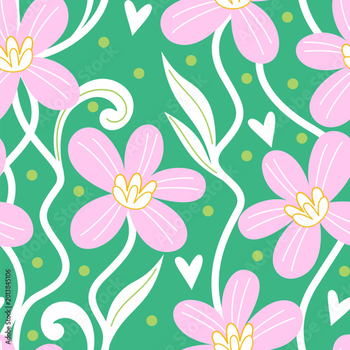 Vector seamless pattern with abstract flowers on a green background