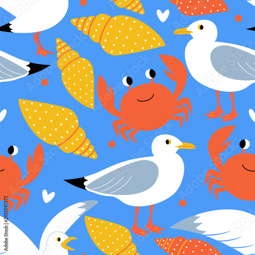 Vector seamless pattern with funny crabs and seagulls on the sea