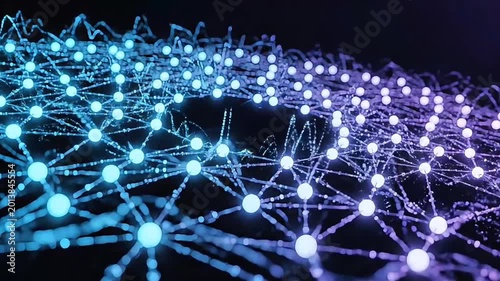 Glowing network connections form a vibrant wave of light on a dark background with nodes and lines.