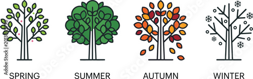 Obraz na plátně Flat vector illustration set of four seasonal trees representing spring summer autumn and winter for nature and weather cycle design