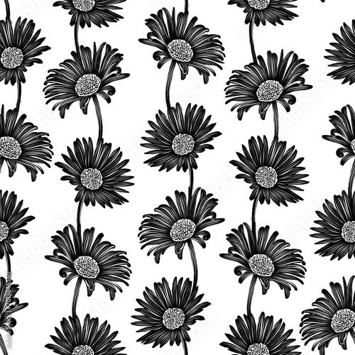 Vector seamless pattern with black and white chrysanthemums in a row