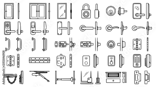 Various door handles and locks in detailed line art illustrations