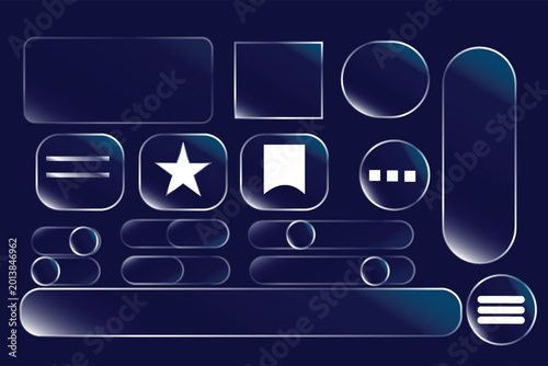 Glassmorphism frames. Transparent glass elements. Simple UI UX glass texture border with geometric shapes, blur, round edges, reflections for interface