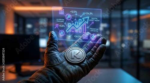 Close-up of Faceless Hand Holding Koin with Floating Cryptocurrency Portfolio Hologram