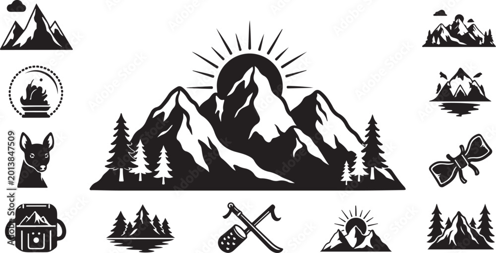 Obraz premium Mountain landscape and outdoor adventure icons with mountain