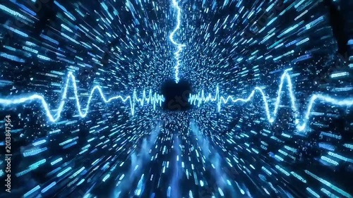 Electric pulses radiate outward from a central point in a dark tunnel with vibrant blue lights and a dynamic waveform display.