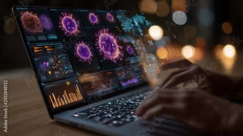 Hantavirus Research on Laptop with Futuristic Medical Infographics and Digital Virus Visualization