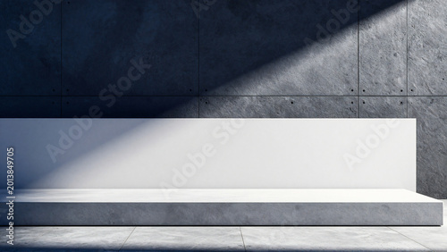Modern concrete display platform bathed in dramatic sunlight