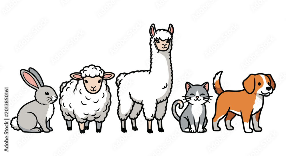Fototapeta premium Cartoon animals in a row rabbit sheep llama cat and dog illustration