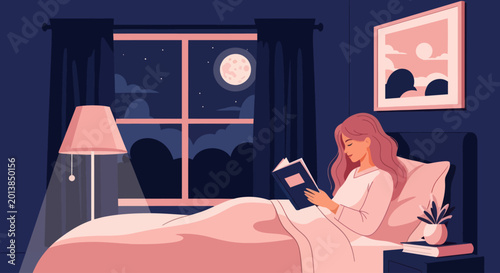 Fotografía Woman Reading a Book in Bed at Night