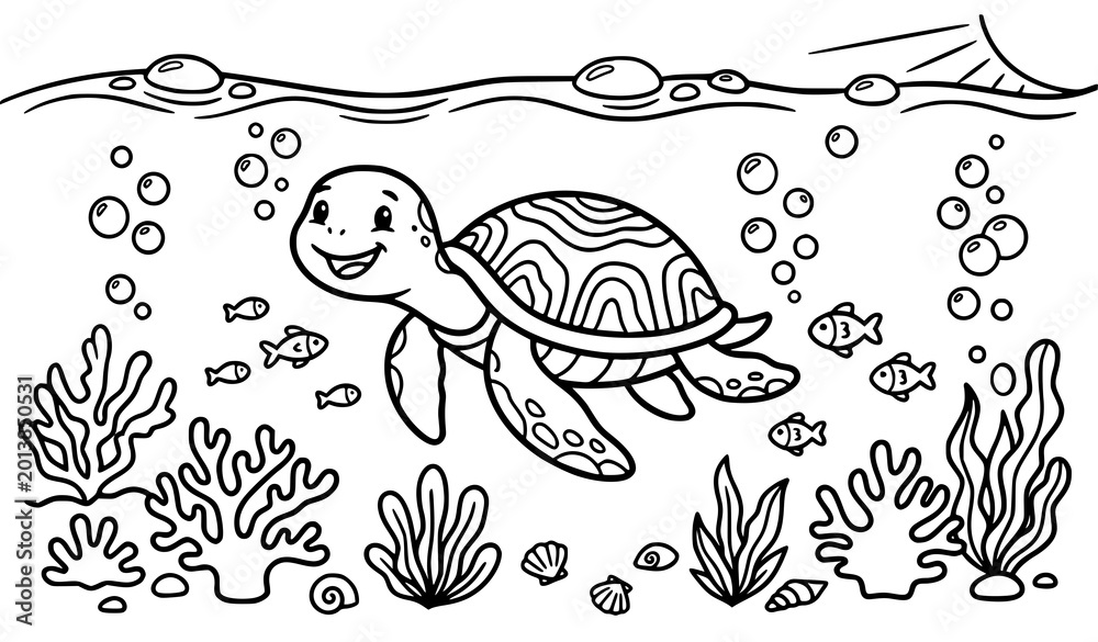 Fototapeta premium Happy Turtle Ocean Coloring Page Vector Illustration for Kids Learning Activities